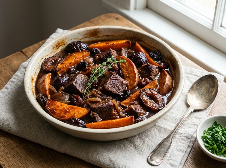 PLUMS, SWEET POTATOES AND MEAT
