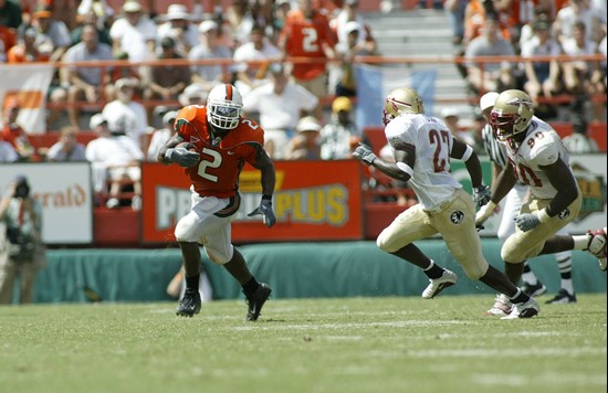 Willis McGahee finished with 95 yards rushing and 78 receiving in a 28-27 win at the Orange Bowl in 2002.