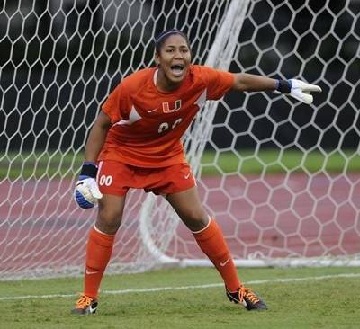 Senior goalkeeper Vikki Alonzo barks orders at her defense from her perch in goal during a match-up with the Florida Gators.