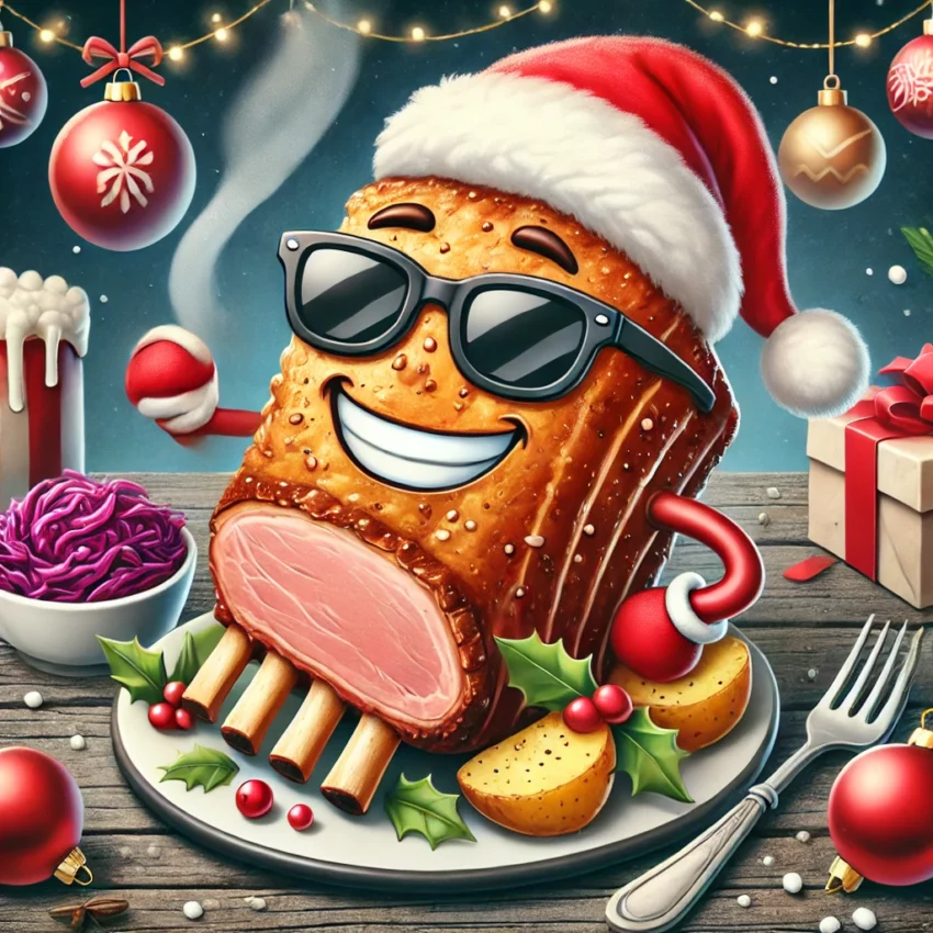 Humoristisk tegning av juleribbe med sprø svor som en festlig karakter iført nisselue og solbriller. Ribben ligger på en tallerken med tradisjonelt tilbehør som rødkål og poteter, omgitt av julepynt som kuler og girlandere. Perfekt for å illustrere en lett og humoristisk tilnærming til julemat eller høytidsfeiringer. En morsom og leken juleillustrasjon.