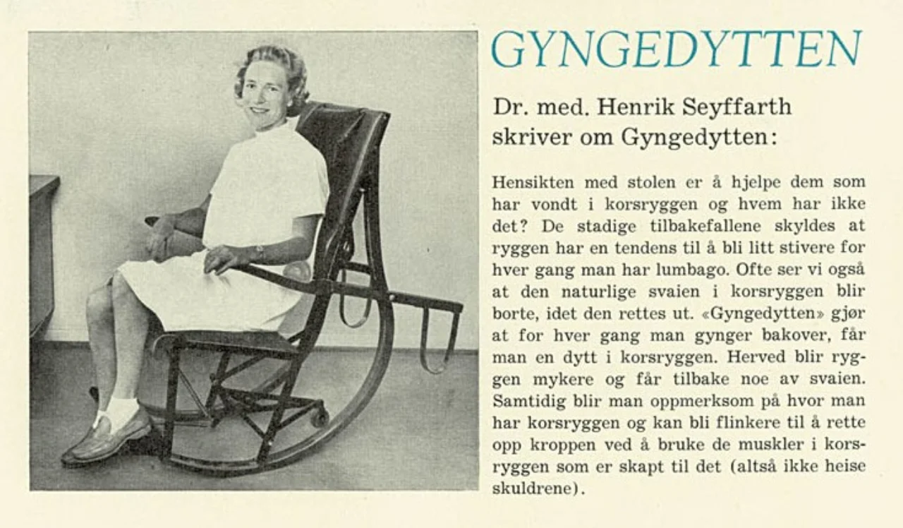 Reklame fra 1950 for Gyngedytten, gyngestolen fra Norild Apparatfabrikk anbefalt av professor Henrik Seyffarth