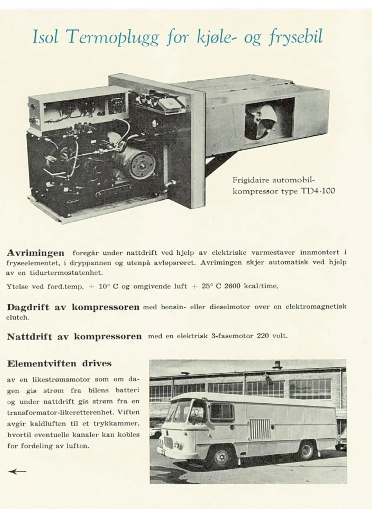 Reklame fra 1950 som viser Isol Termoplugg, Norilds kjøleaggregat for lastebiler med motor- og strømstyrt drift
