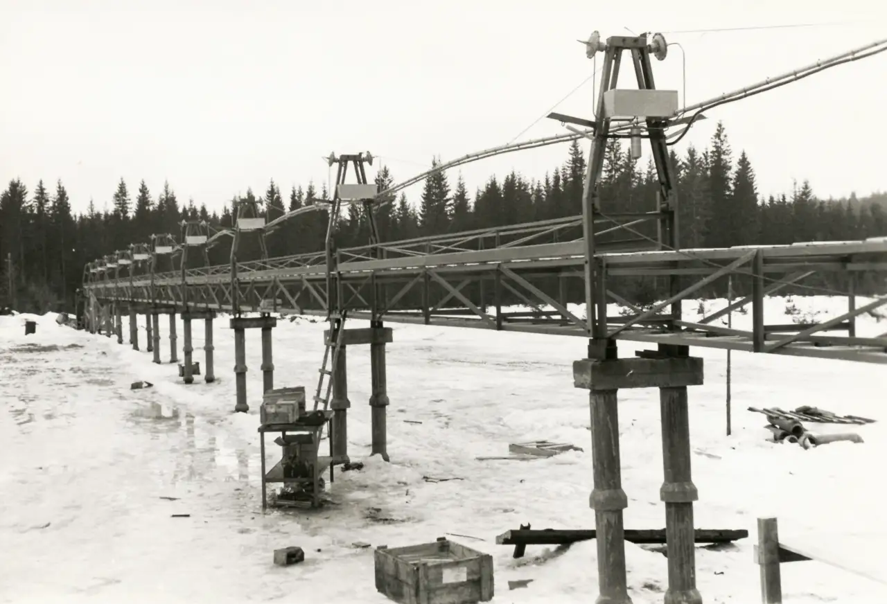 Transportbånd under oppbygging på Mosebys sorteringsanlegg på Matrand på 1950-tallet