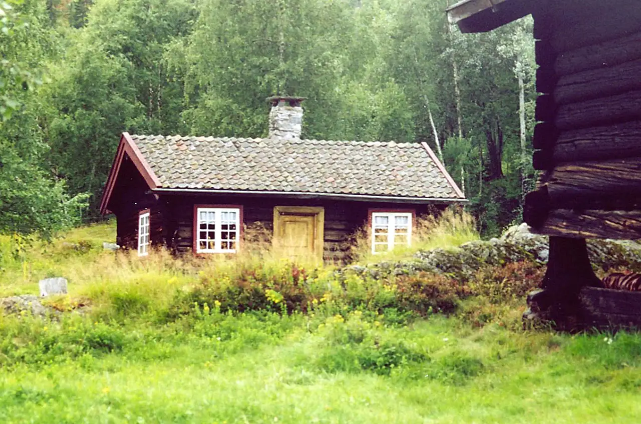 Tømmerstue på Dåsettunet omgitt av gress og skog.