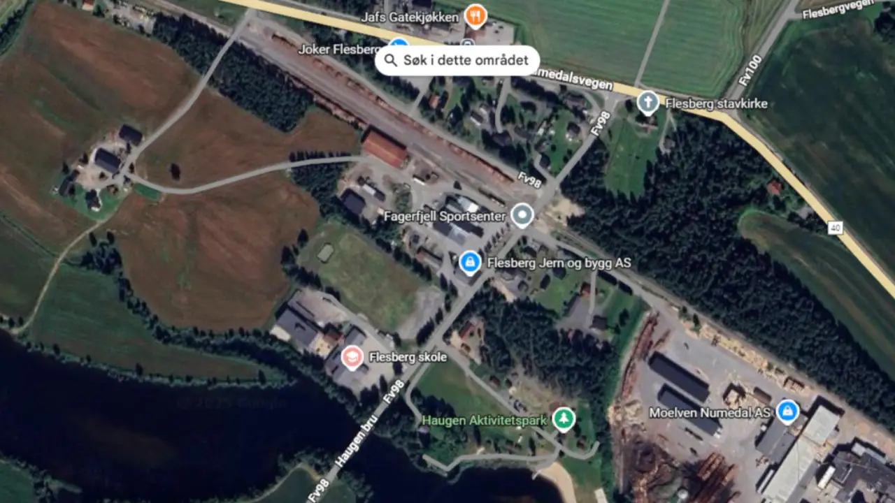 Satellittutsnitt av Flesberg skole med Numedalslågen og nærliggende aktivitetsområder.