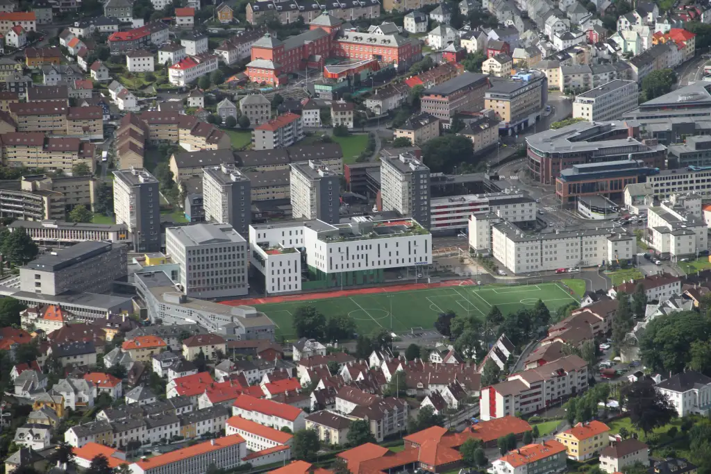 Kronstad og Danmarks plass i Årstad sett fra luften med boligområder og idrettsanlegg.