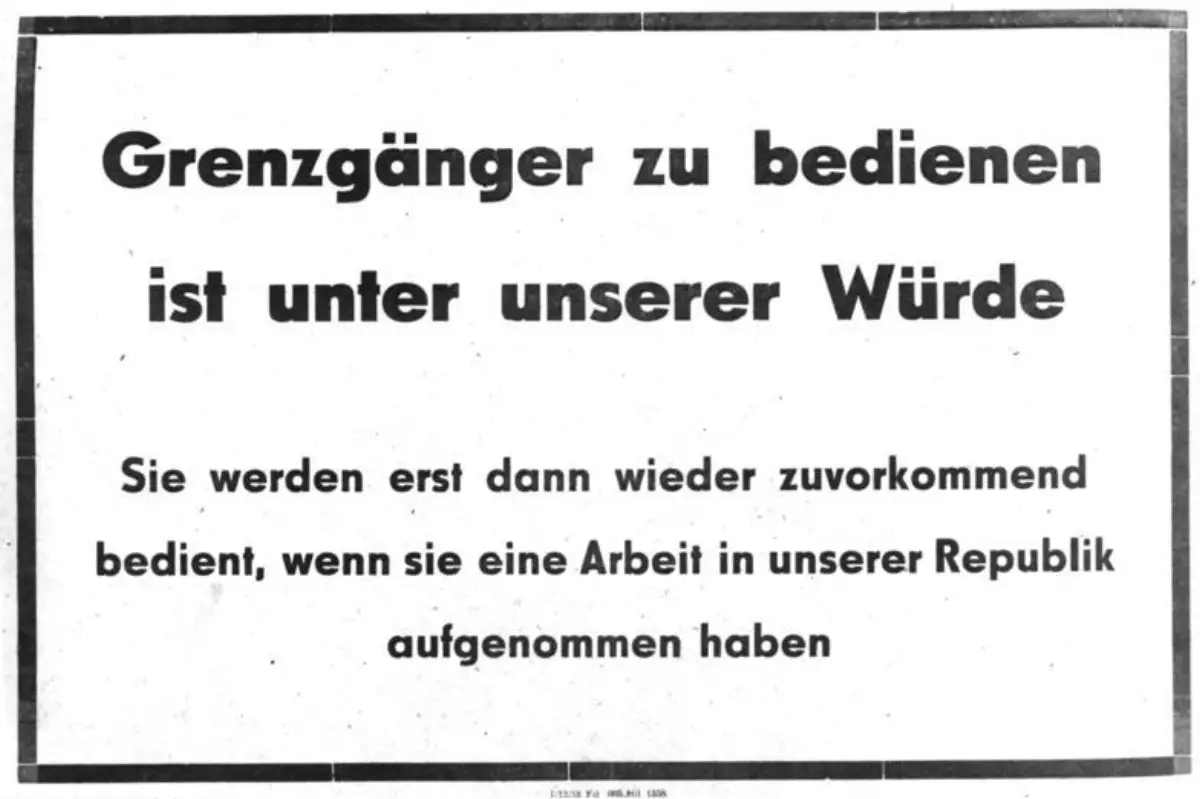 Plakat fra DDR i 1961 med tekst som fordømmer grensependlere som jobber i West-Berlin og oppfordrer til å nekte dem service.