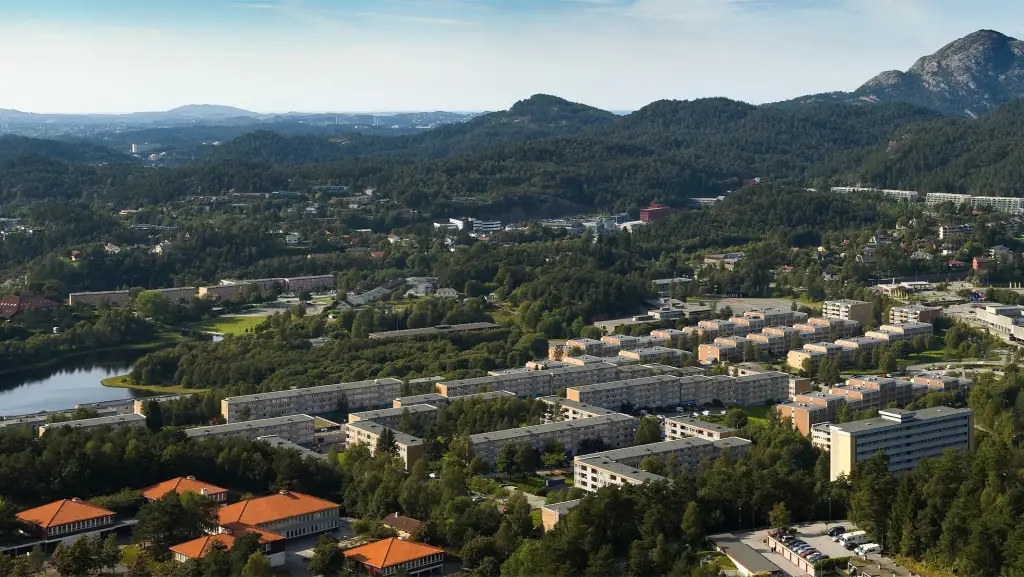 Utsikt over Fyllingsdalen i Bergen med boligblokker omgitt av skog og fjell.