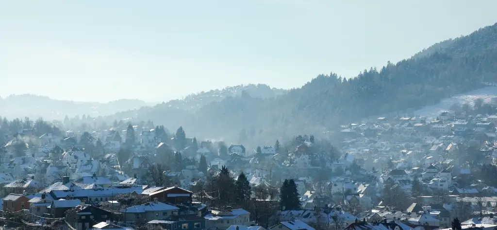 Fridalen i Årstad sett ovenfra med snø på hustak og gater.