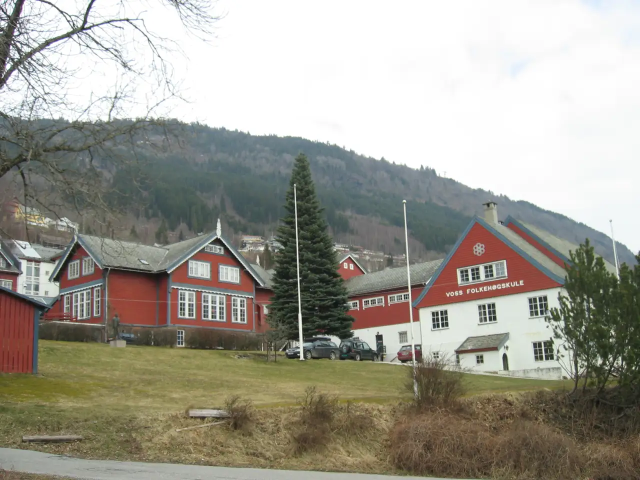 Voss folkehøgskule ligg i dalsida over Vossevangen med rødmåla bygg og utsikt mot fjellsida bak.