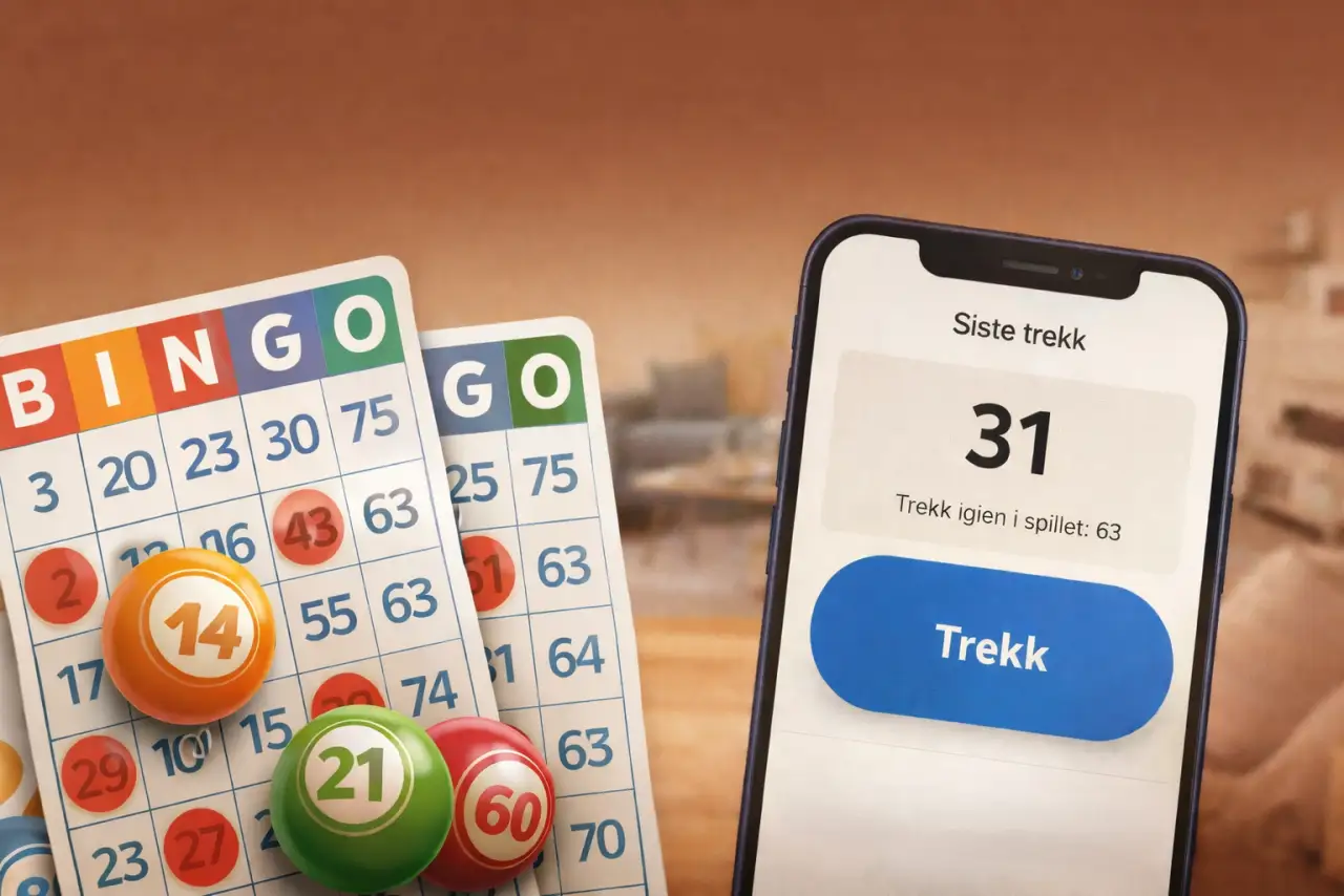 Bingo på mobil med bingobrett og stor trekkeknapp for talltrekning