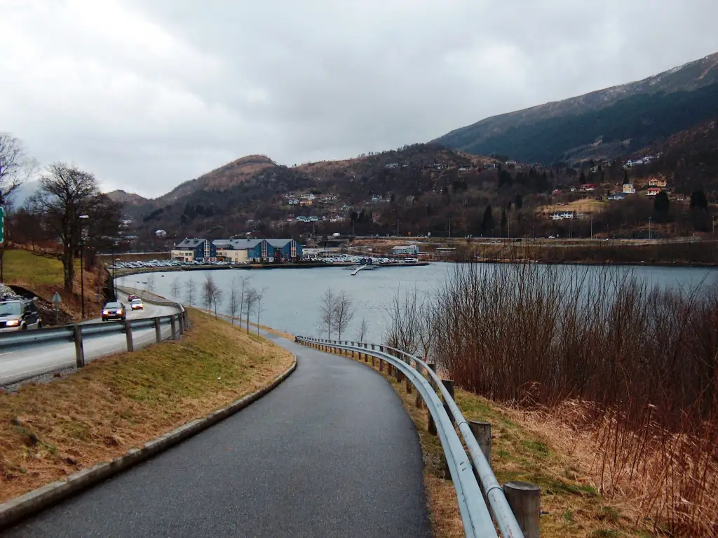 Indre Arna sett langs Arnavågen med vei vann og bebyggelse langs dalsiden.