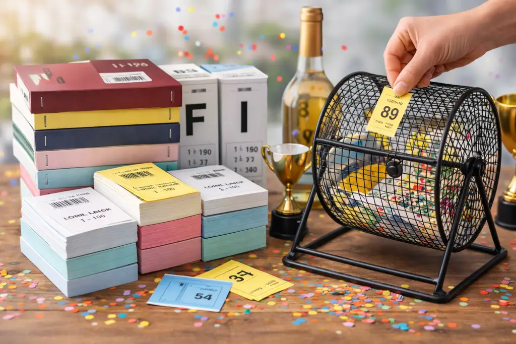 Loddbøker i flere farger klare for loddtrekning på bord