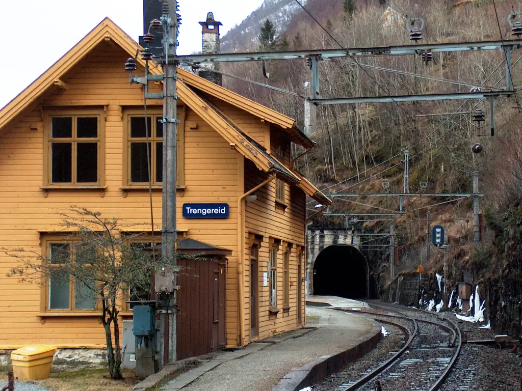 Trengereid stasjon med plattform og jernbanespor inn mot tunnel.