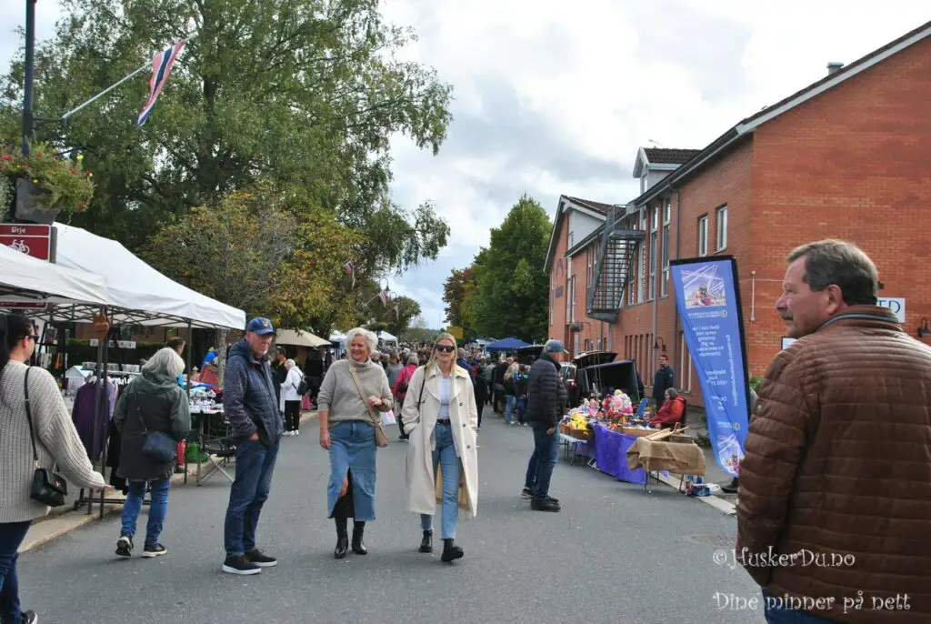 Ørje høstmarked i sentrum med salgsboder og besøkende