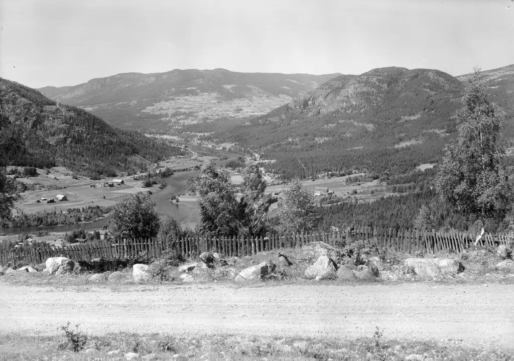 Golreppen i Gol i Hallingdal med dalføre og Hallingdalselva rundt 1950.