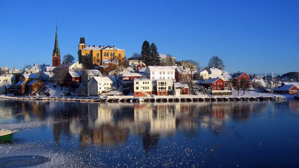 Tyholmen i Arendal med snødekte trehus langs vannet og Trefoldighetskirken i bakgrunnen.