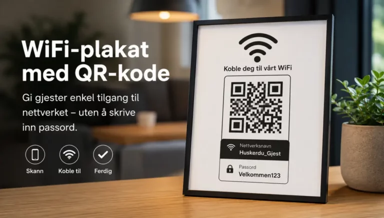 WiFi-plakat med QR-kode og nettverksinformasjon på bord inne i rom
