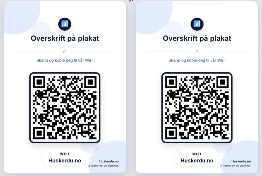 To utskriftsklare WiFi-plakater med QR-kode på ett A4-ark