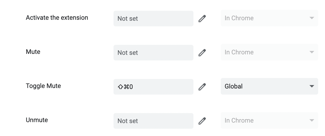 The 'Keyboard shortcuts' section of Chrome Extensions