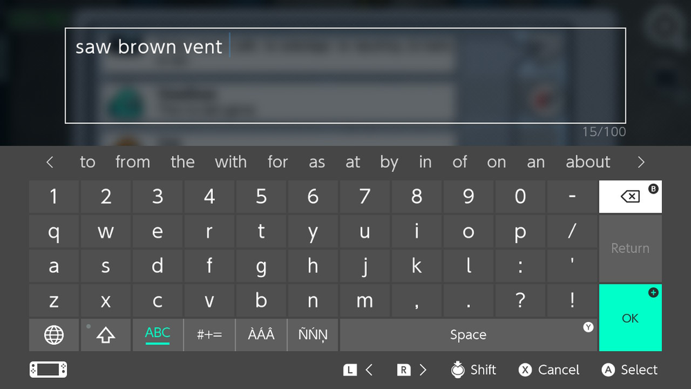 Entering text on a Nintendo Switch
