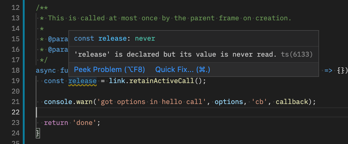 VSCode showing a warning about an unused variable