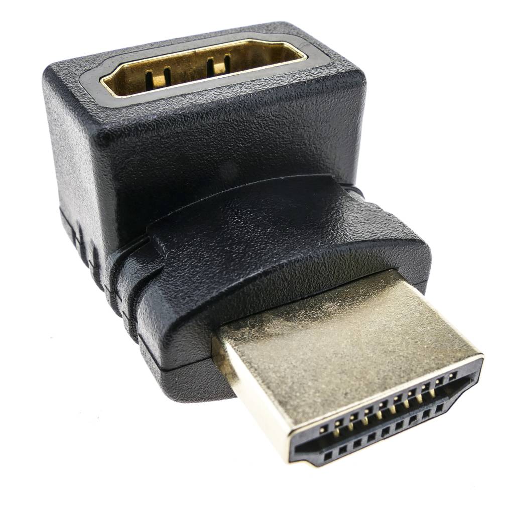 Adaptador en forma de L arriba con conexión HDMI-A macho a HDMI-A hembra de color negro