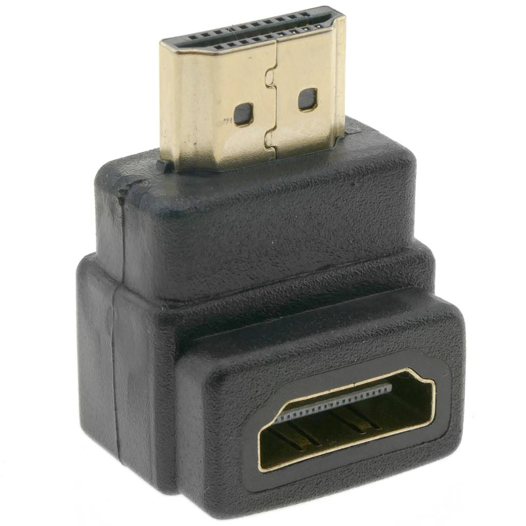 Adaptador en forma de L abajo con conexión HDMI-A macho a HDMI-A hembra de color negro