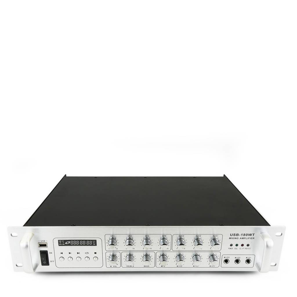 Amplificador de sonido profesional formato rack de 180 W 110 V con 4 zonas, AUX, MIC y MP3