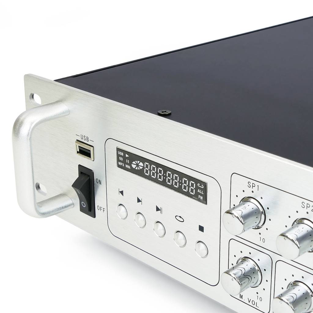 Amplificador de sonido profesional formato rack de 450 W 110 V con 4 zonas, AUX, MIC y MP3