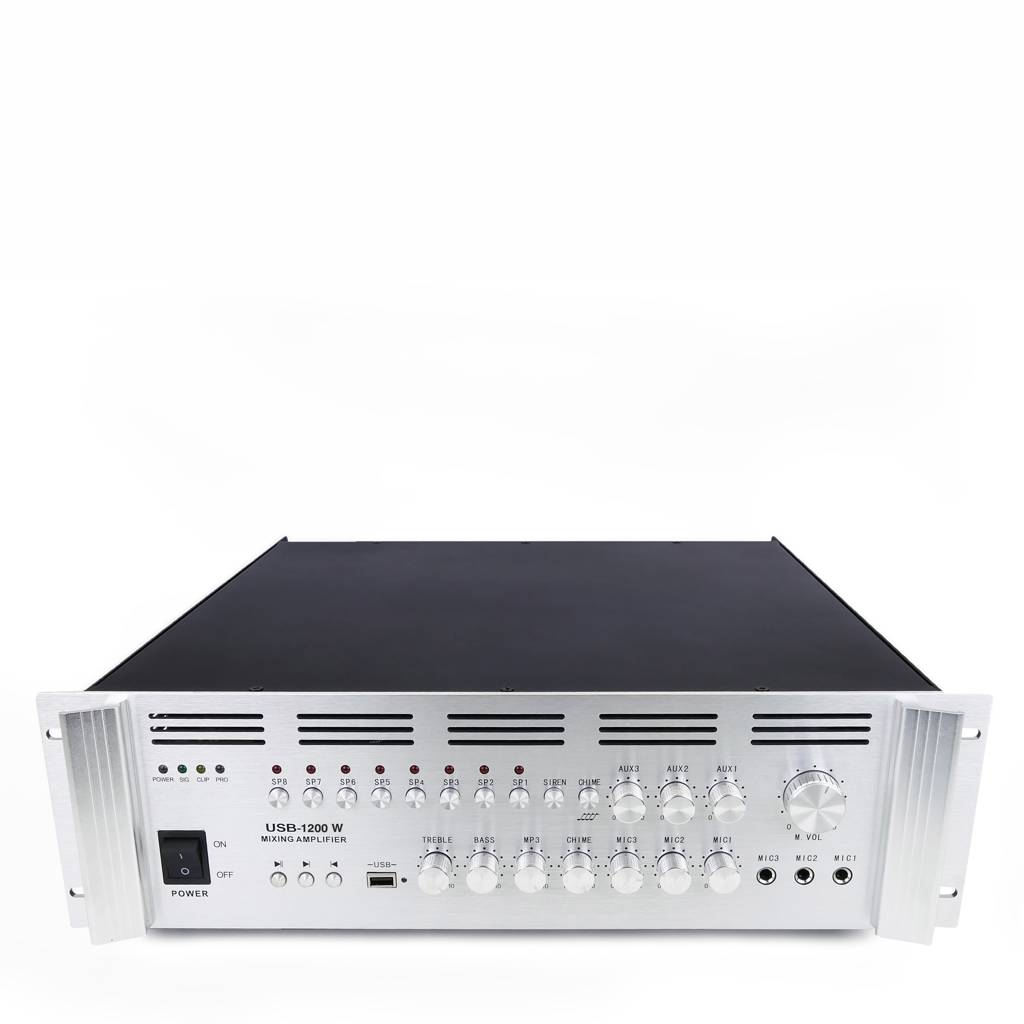Amplificador de sonido profesional formato rack de 1200 W 110 V con 8 zonas, AUX, MIC y MP3