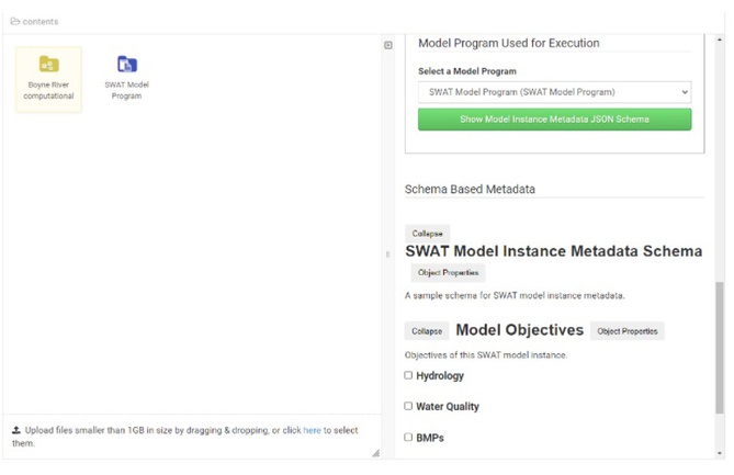 Same image as above, but the metadata field has been scrolled down to show the field "Schema based metadata". In this field are the subheaders "SWAT Model Instance Metadata Schema" and "Model Objective" Beneath Model Objectives are three selectable boxes: Hydrology, water quality, and BMPs.  