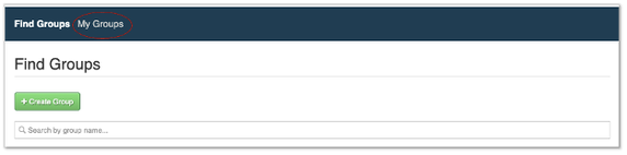 At top, two selectable headers which say "Find Groups" and "My Groups". My Groups is circled. Find groups is selected, and below is a button that says "Create Group"