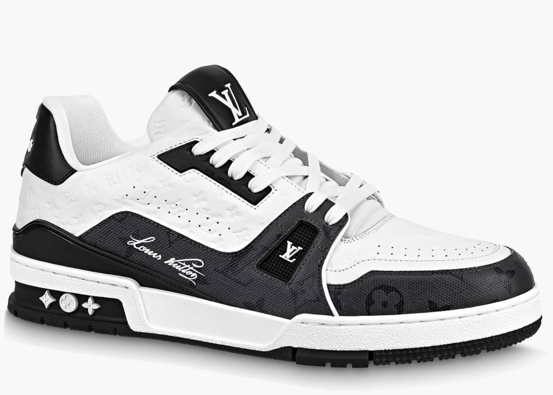 Louis Vuitton White, Black, & Blue-Sole 'LV Trainer' Sneakers