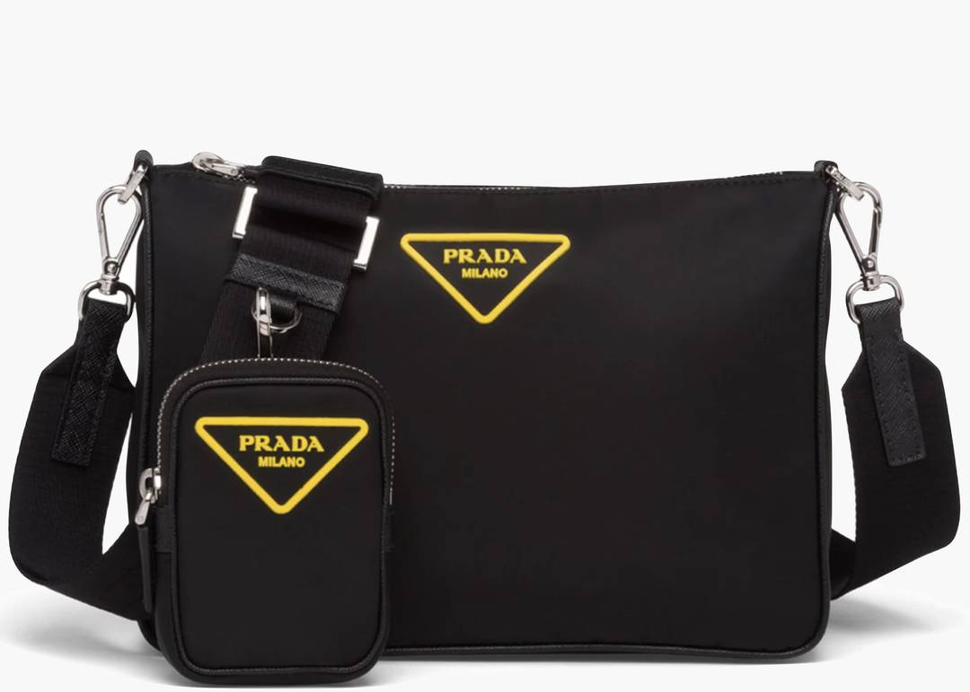 Prada Crossbody Bag Nylon Silver-tone Black/Yellow in Nylon with Silver-tone