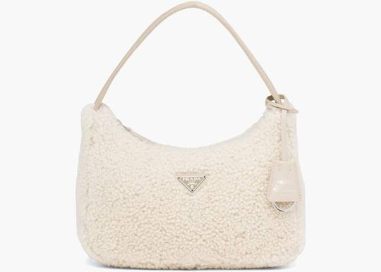 Prada Shearling And Saffiano Leather Mini-pouch, Women, White