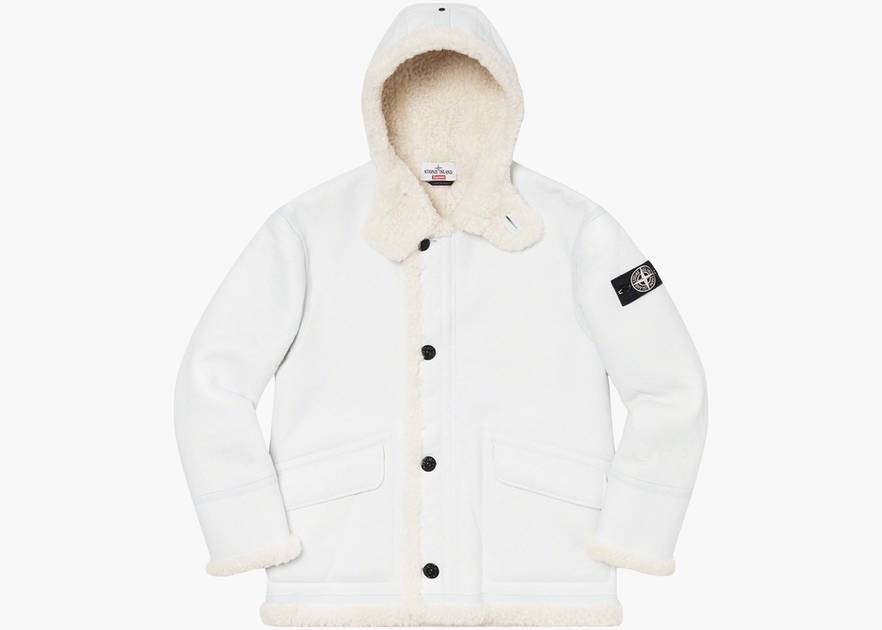 Supreme/stone Island Hand-painted Hooded Shearling Jacket White