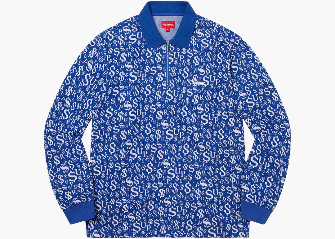 Supreme Currency Jacquard Zip L/S Polo Blue | Hype Clothinga