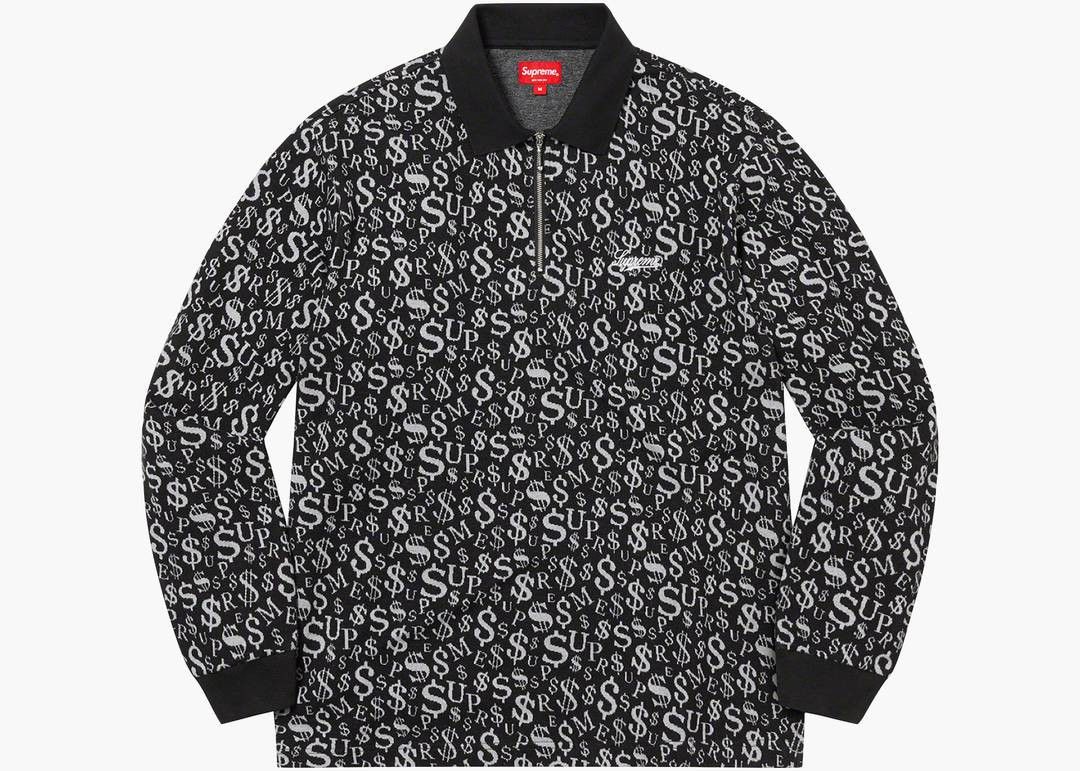 Supreme Currency Jacquard Zip L/S Polo Black | Hype Clothinga