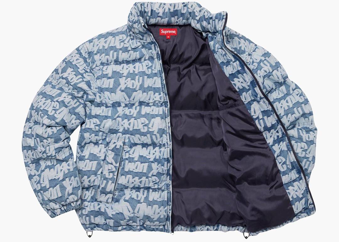 Supreme Fat Tip Jacquard Denim Puffer Jacket Blue | Hype Clothinga