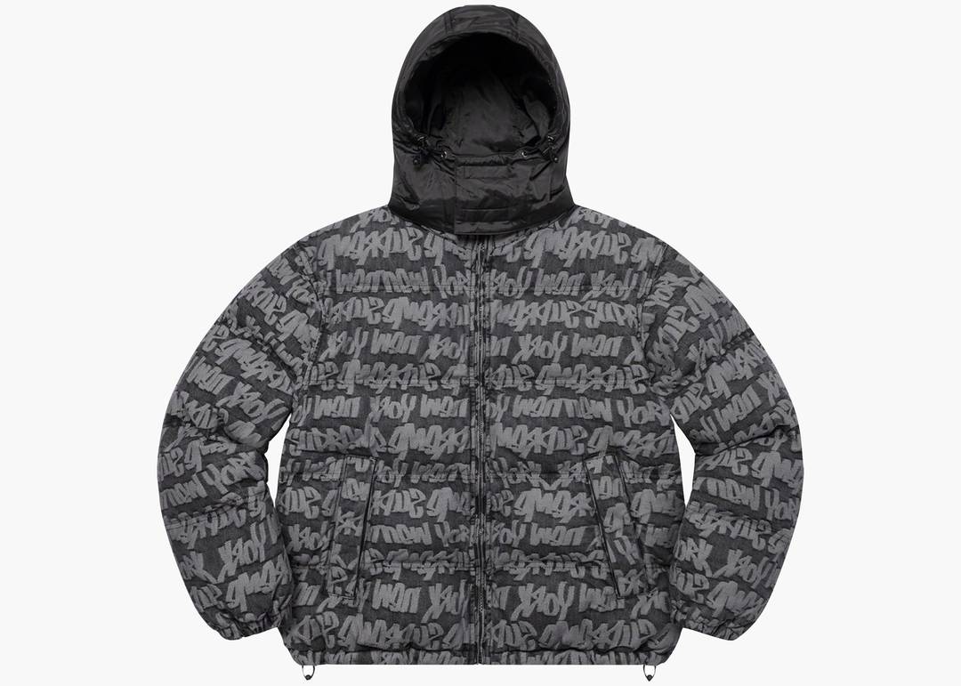 Supreme Fat Tip Jacquard Denim Puffer Jacket Black | Hype Clothinga