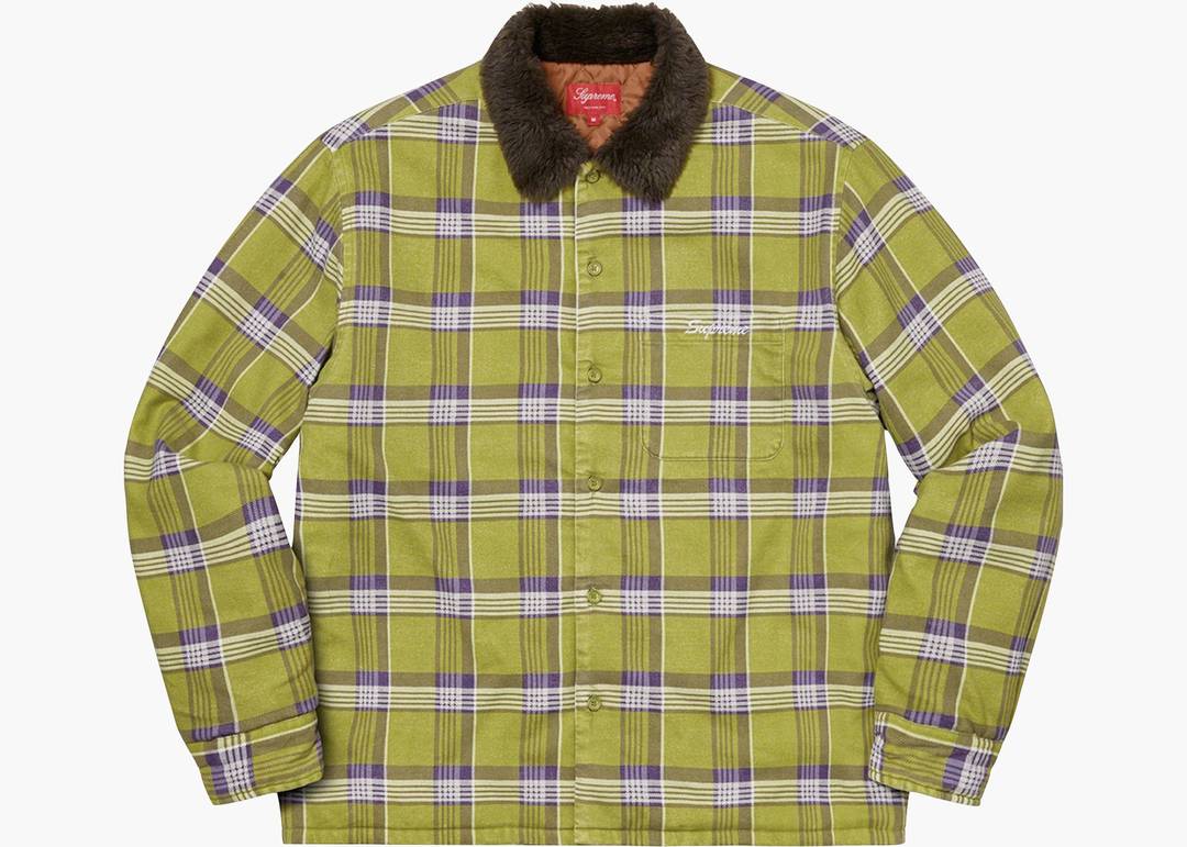 Supreme Faux Fur Collar Flannel Shirt Bright Olive | Hype Clothinga