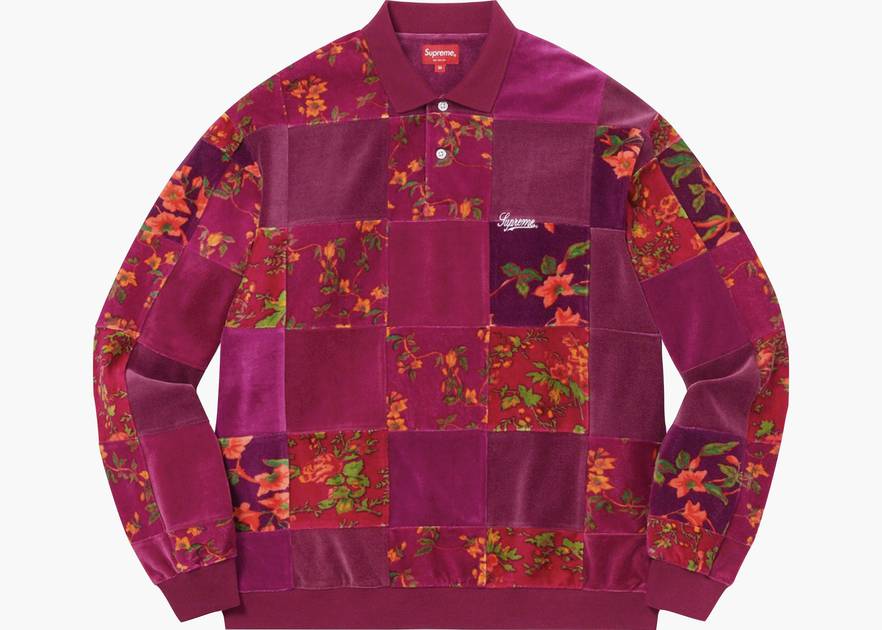 Supreme Floral Patchwork Velour L/S Polo Cardinal | Hype Clothinga