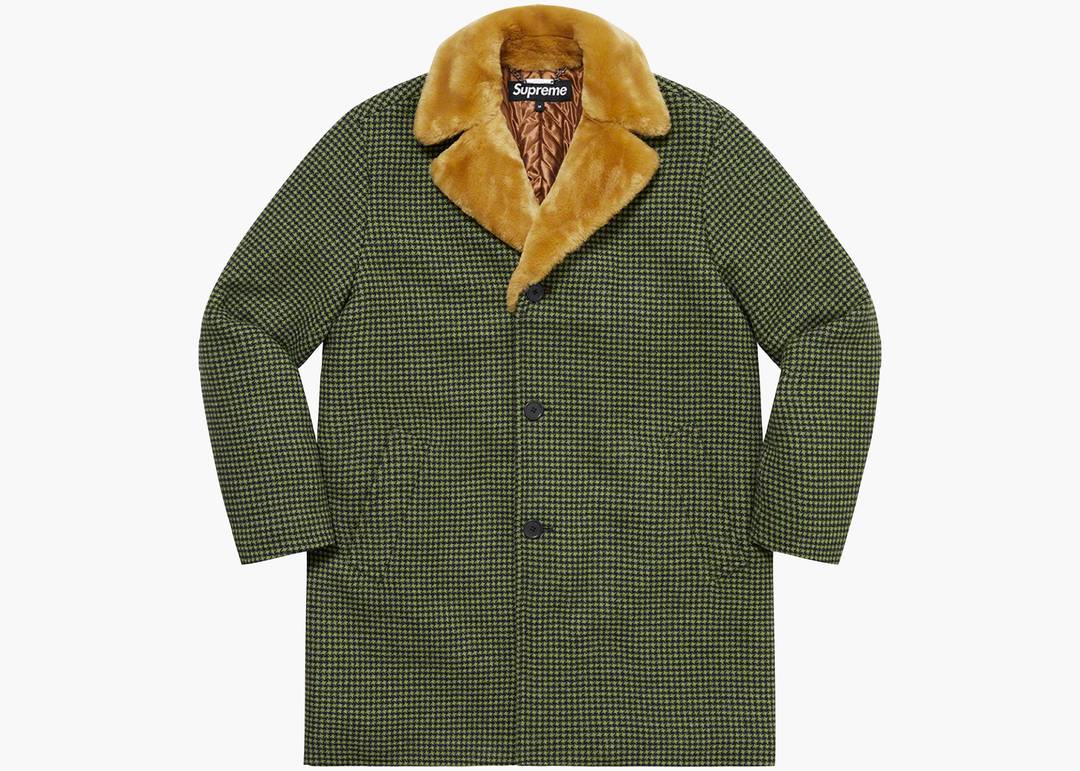 Supreme Fur Collar Car Coat Green Houndstooth | Hype Clothinga