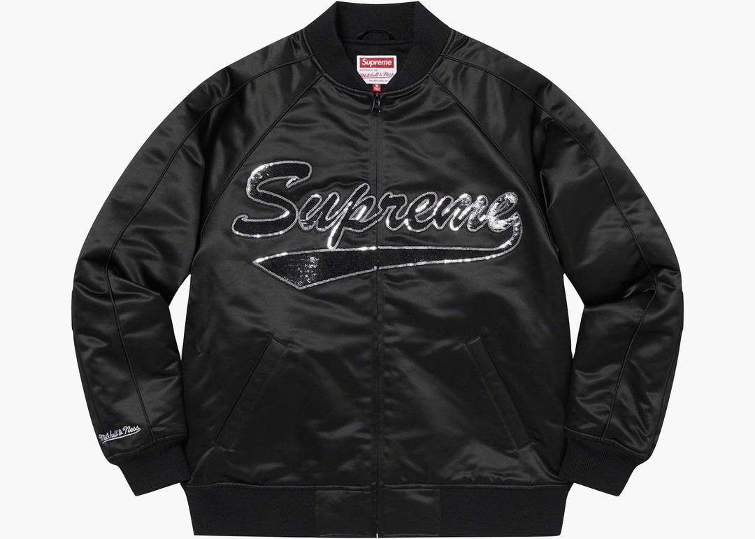 Supreme Mitchell & Ness Sequin Logo Varsity Jacket Black | Hype 