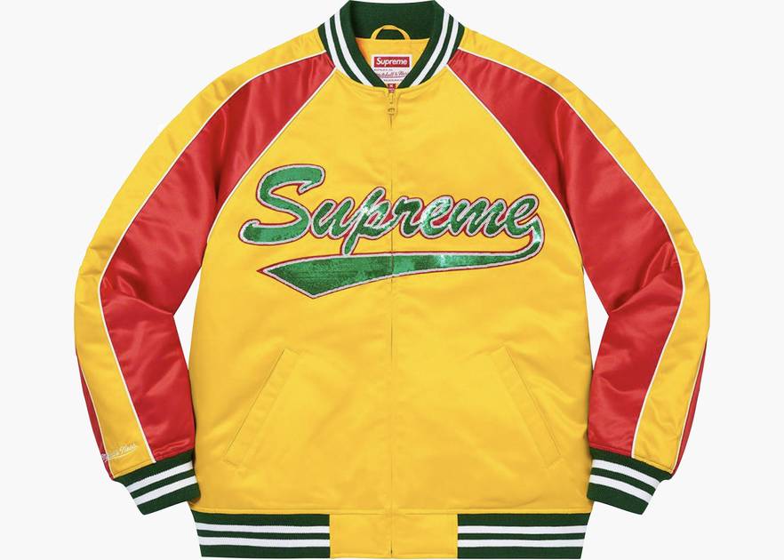 Supreme Mitchell & Ness Sequin Logo Varsity Jacket Gold | Hype