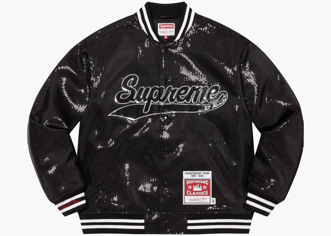 Supreme Mitchell & Ness Sequin Varsity Jacket Black | Hype Supreme Mitchell & Ness Sequin Varsity Jacket Black | Hype