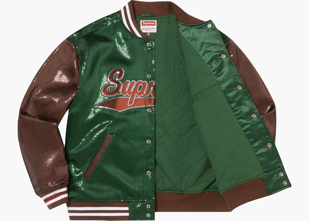 Supreme Mitchell & Ness Sequin Varsity Jacket Green | Hype Clothinga