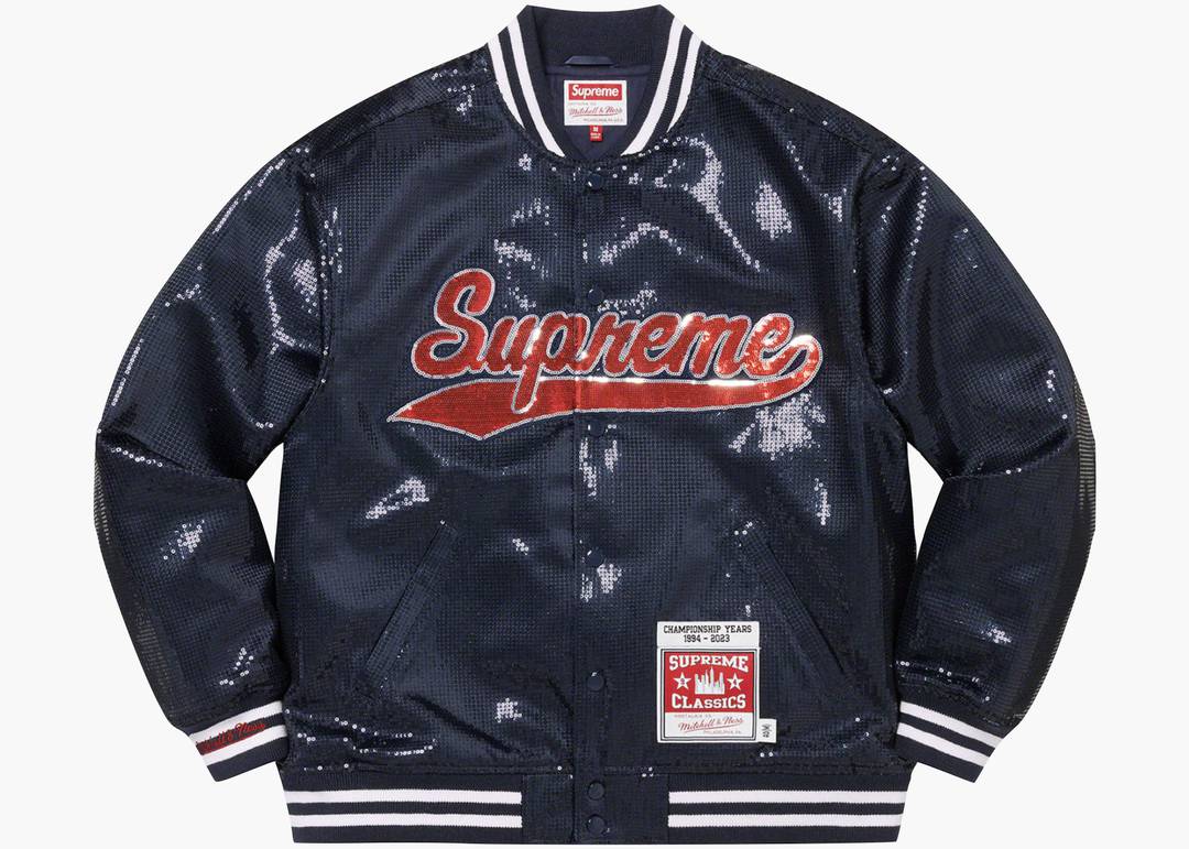 Supreme Mitchell & Ness Sequin Varsity Jacket Navy | Hype Clothinga