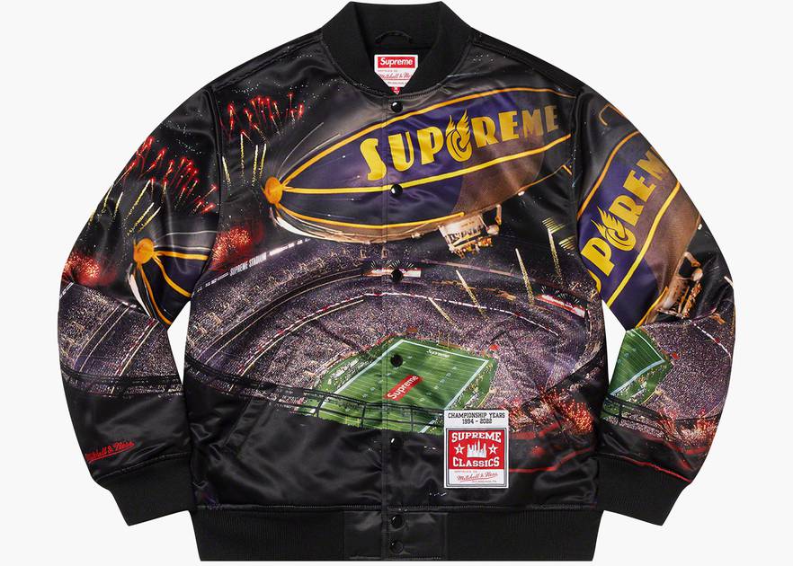 Supreme Mitchell & Ness Stadium Satin Varsity Jacket Black | Hype Clothinga